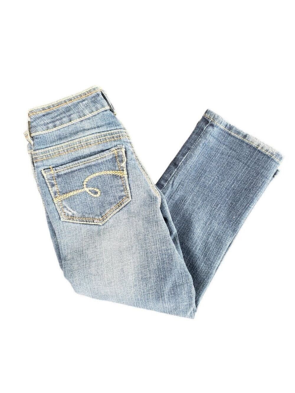 Justice Girls Bootcut Jeans Size 12S Slim Blue Denim Embroidered Pocket - Picture 3 of 9